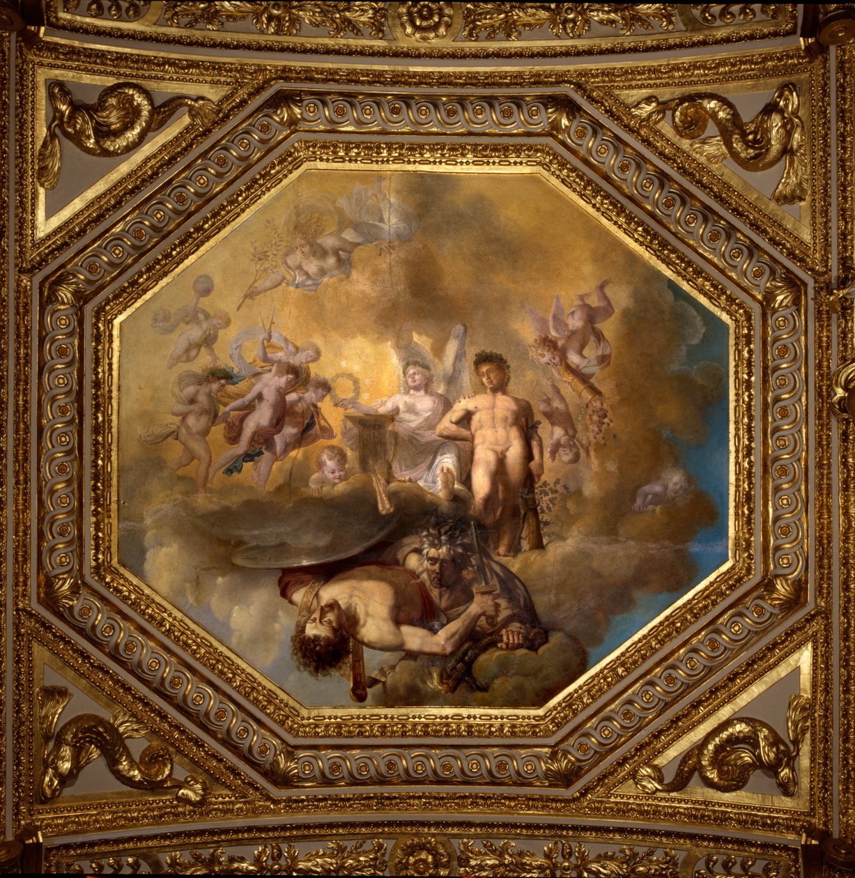 メドゥーゼを殺すペルセ。ジョヴァンニ・ロマネリ（1601-1662）による絵画で、オーストリア王妃アンネ（1601-1666）の夏の居室の寝室であるアントナイン・ホールの天井を飾るもの。1655-1658年頃。パリ、ルーヴル美術館 作： ジョヴァンニ・フランチェスコ・ロマネリ