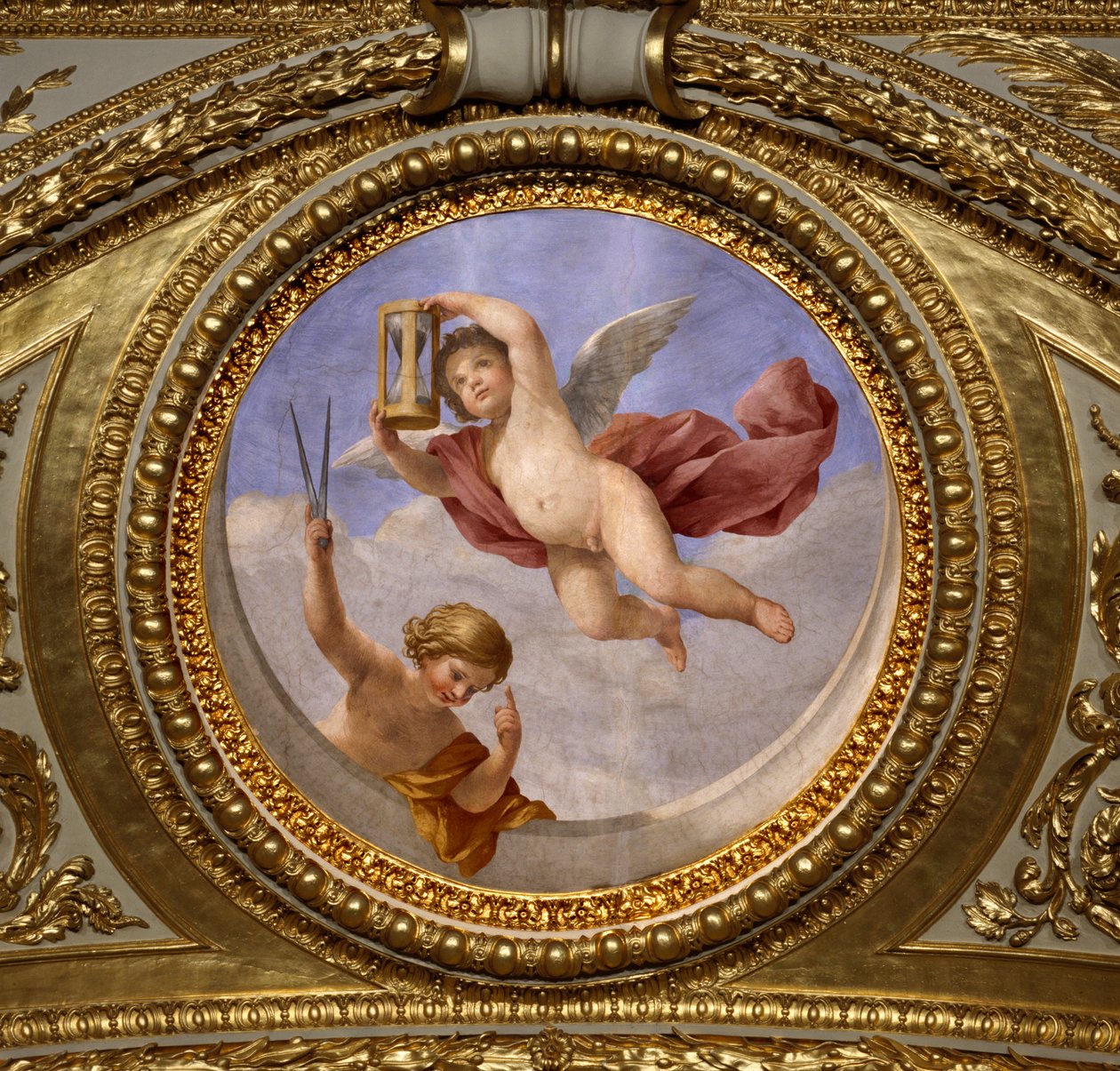 プルーデンスの愛。ジョヴァンニ・ロマネリ（1601-1662）が描いた絵画で、オーストリア王妃アンネ（1601-1666）の夏の居室の寝室であるアントナイン・ホールの天井を飾っています。1655-1658年頃。パリ、ルーヴル美術館 作： ジョヴァンニ・フランチェスコ・ロマネリ