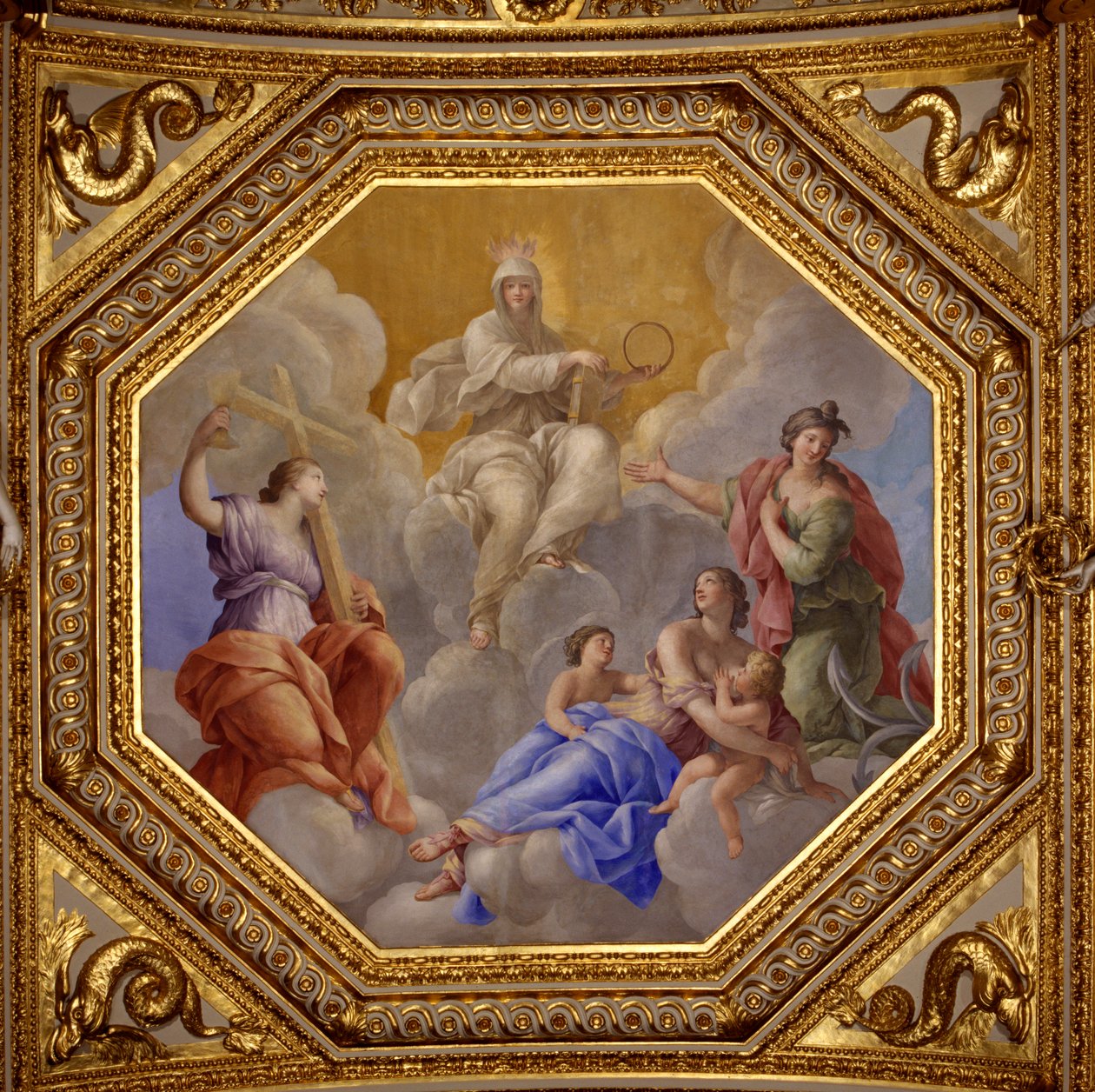 宗教と神学的美徳（Faith、Charity、Esperance）。ジョヴァンニ・ロマネリ（1601-1662）による絵画で、オーストリア王妃アンネ（1601-1666）の夏の居室の寝室であるアントナイン・ホールの天井を飾っています。1655年から1658年頃。パリ、ルーヴル美術館 作： ジョヴァンニ・フランチェスコ・ロマネリ