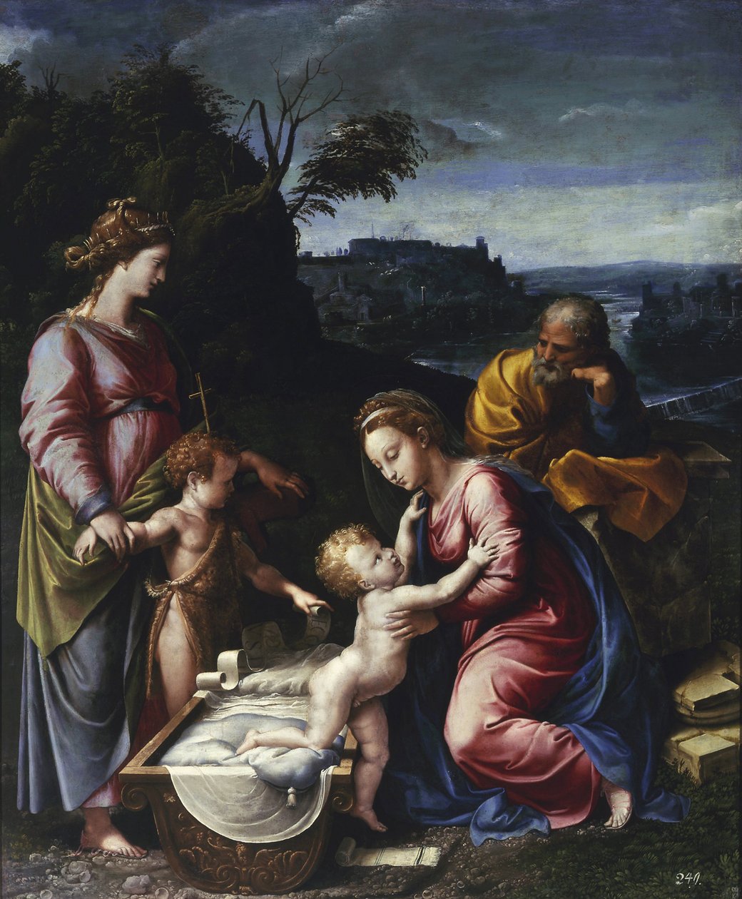 聖家族と幼い洗礼者ヨハネと聖カタリナ・パー・ペンニ、ジャンフランチェスコ（1496-1528）。木に油彩、サイズ：115,5x95、1525年頃、ワルシャワのMuzeum Narodowe 作： ジョバンニフランチェスコ（c.1488-1528）ペニー