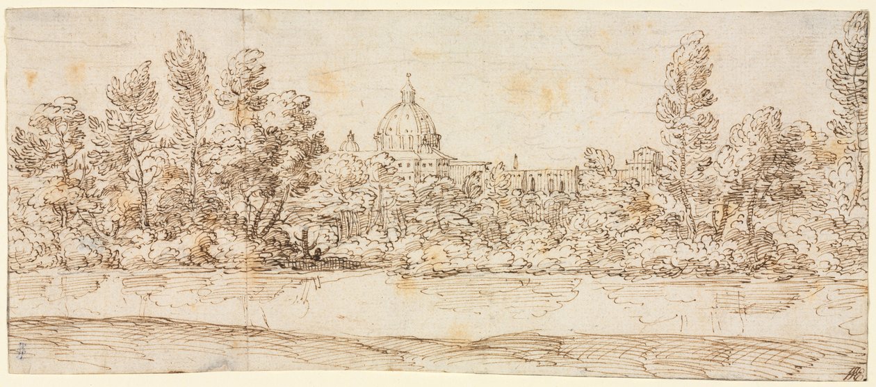 1660 年以降、サン ピエトロ大聖堂を望む川の風景。 作： ジョバンニ・フランチェスコ・グリマルディ