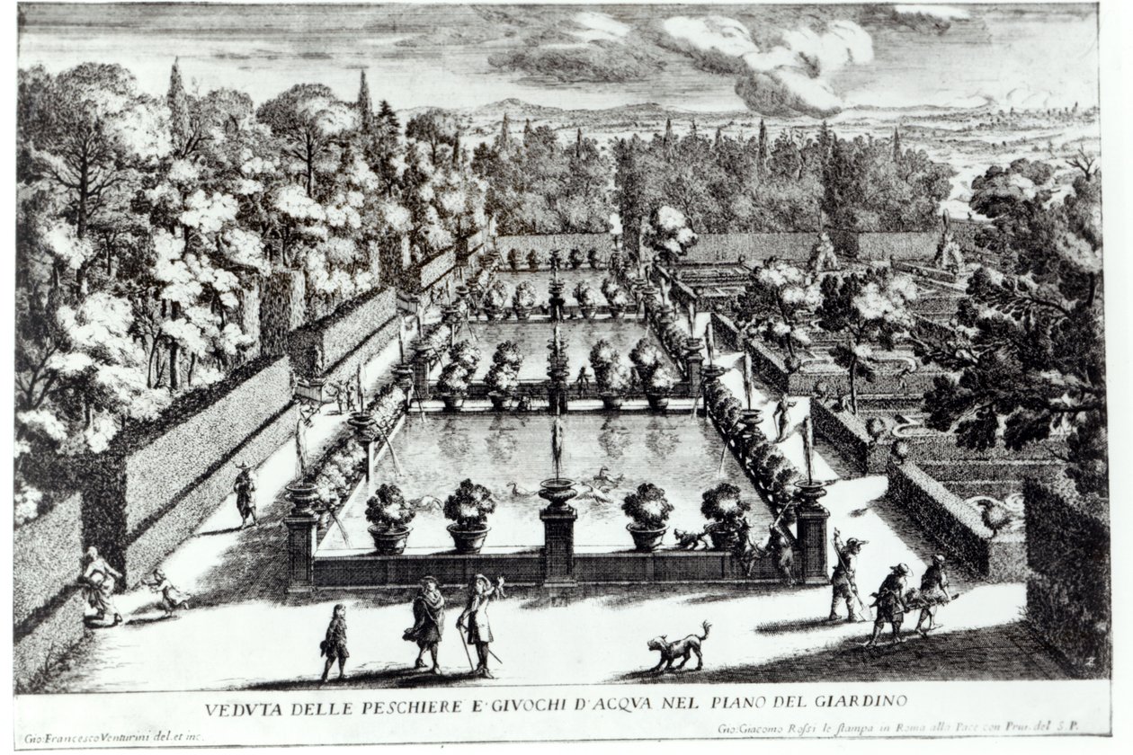1689年に出版されたジョヴァンニバティスタファルダ（c.1648-1787）によるルフォンターネのチボリのヴィラデエステにある養魚池 作： ジョヴァンニ・フランチェスコ・ベントゥリーニ