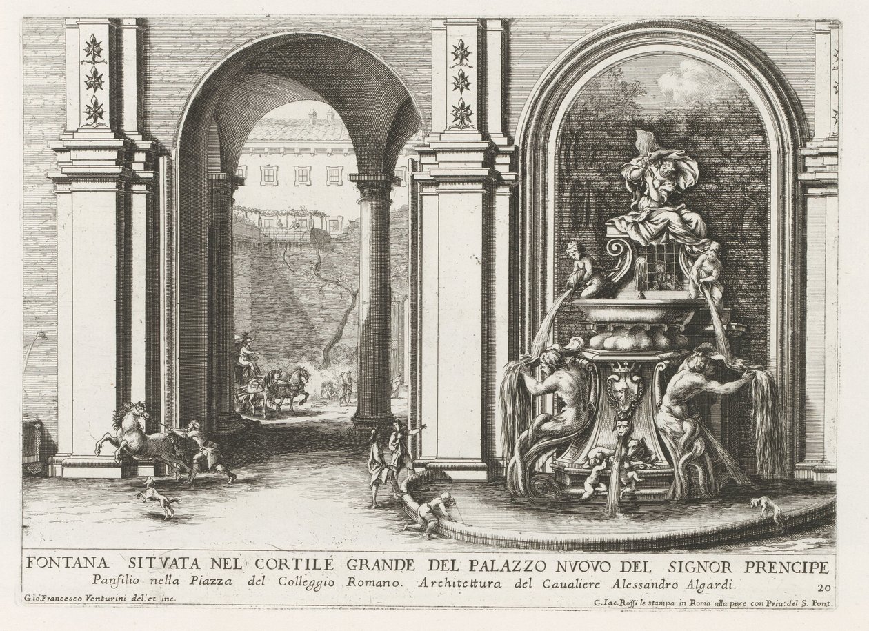 Binnenplaats van het Palazzo Doria Pamphilj te RomeのFontein 王子のヌオーヴォ宮殿の広い中庭にある噴水 (...) (オブジェクトのタイトル) ローマの宮殿と庭園の噴水 (シリーズ名) Fonteinen in de paizen en tu 作： ジョヴァンニ・フランチェスコ・ベントゥリーニ