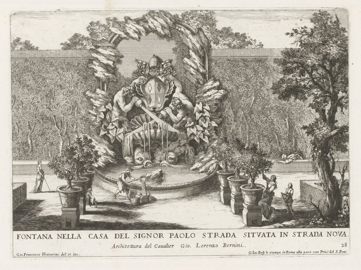 教皇の紋章、2 頭のトリトン、イルカのある噴水 Fontana nella casa del signor Paolo strada situata in strada nova (オブジェクトのタイトル) Le fontane ne palazzi e ne giardini di Roma (シリーズタイトル) ローマの宮殿と庭園の噴水 ( 作： ジョヴァンニ・フランチェスコ・ベントゥリーニ
