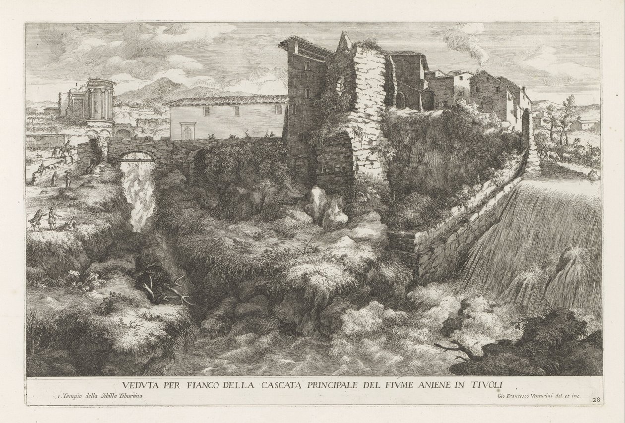 Landschap met waterval en tempel van de Tiburtijnse Sibille te Tivoli チボリのアニエーネ川の主な滝の側面図 (オブジェクトのタイトル) チボリのエステ庭園の噴水（シリーズタイトル） Fonteinen in de tuinen van Villa d