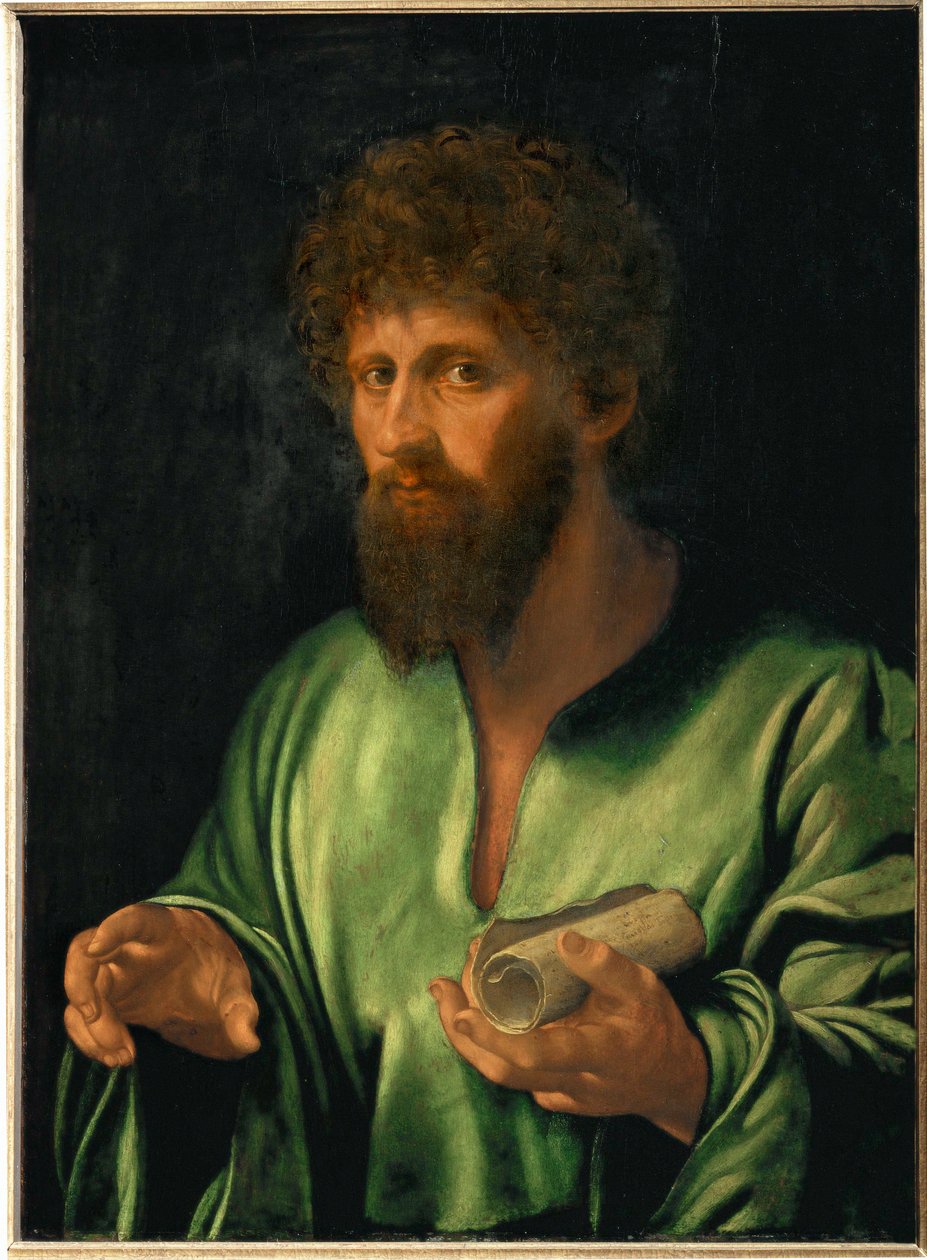 「古代からの哲学者、1530年頃 ポプラ材、79 x 57 cm インヴ (ポプラ材に描かれた絵) 作： ジョヴァンニ・ジローラモ・サヴォルド