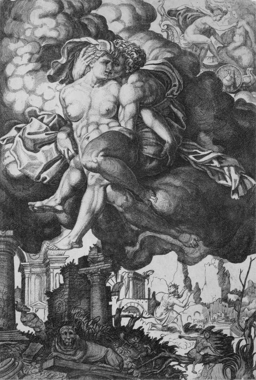 ジュノを誘惑しようとするイクシオン。雲に囲まれ、下には廃墟がある。 1520-39。 作： ジョバンニ・ヤコポ・カラリオ