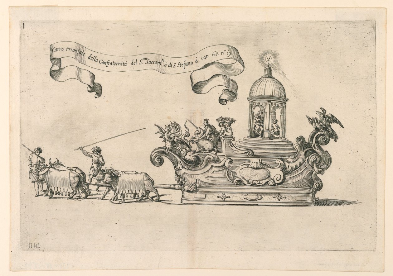 イタリア、レッジョのパレード フロート: 「Carro triumphal della Confraternità del S.to Sacrame.to di S. Stefano」 (聖ステファノの聖体の聖体拝領の凱旋車)。 A. Isacchi のプレート 2a、"Report of Alfonso Isachi around the or 作： ジョバンニ・ルイージ・ヴァレシオ