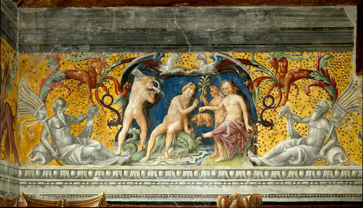 海の神が小猪を献上する様子 ジョヴァンニ・マリア・ファルコント（1468-1534）によるフリーズの詳細 1520年 マントゥア、パラッツォ・ダルコ、サラ・デッロ・ゾディアコ周辺 作： ジョヴァンニ・マリア・ファルコネット