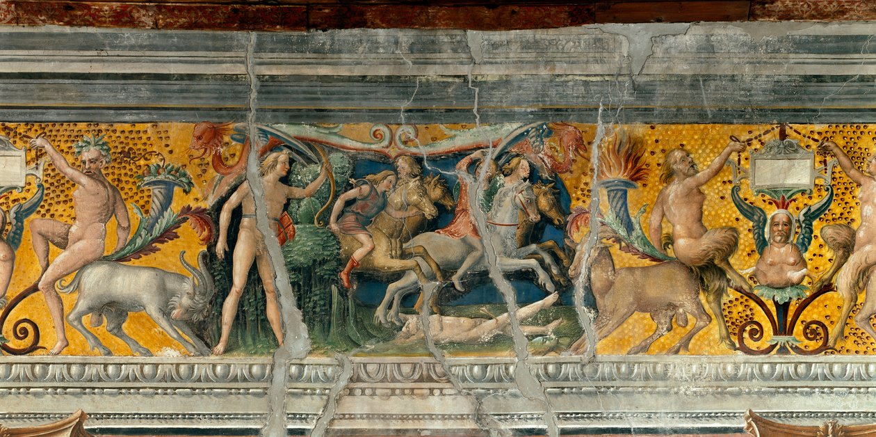 アポロが矢でナイオビの息子ナイオビデスを殺す ジョヴァンニ・マリア・ファルコント（1468-1534）によるフリーズの詳細 1520年頃 マントゥア、パラッツォ・ダルコ、サラ・デッロ・ゾディアコ 作： ジョヴァンニ・マリア・ファルコネット