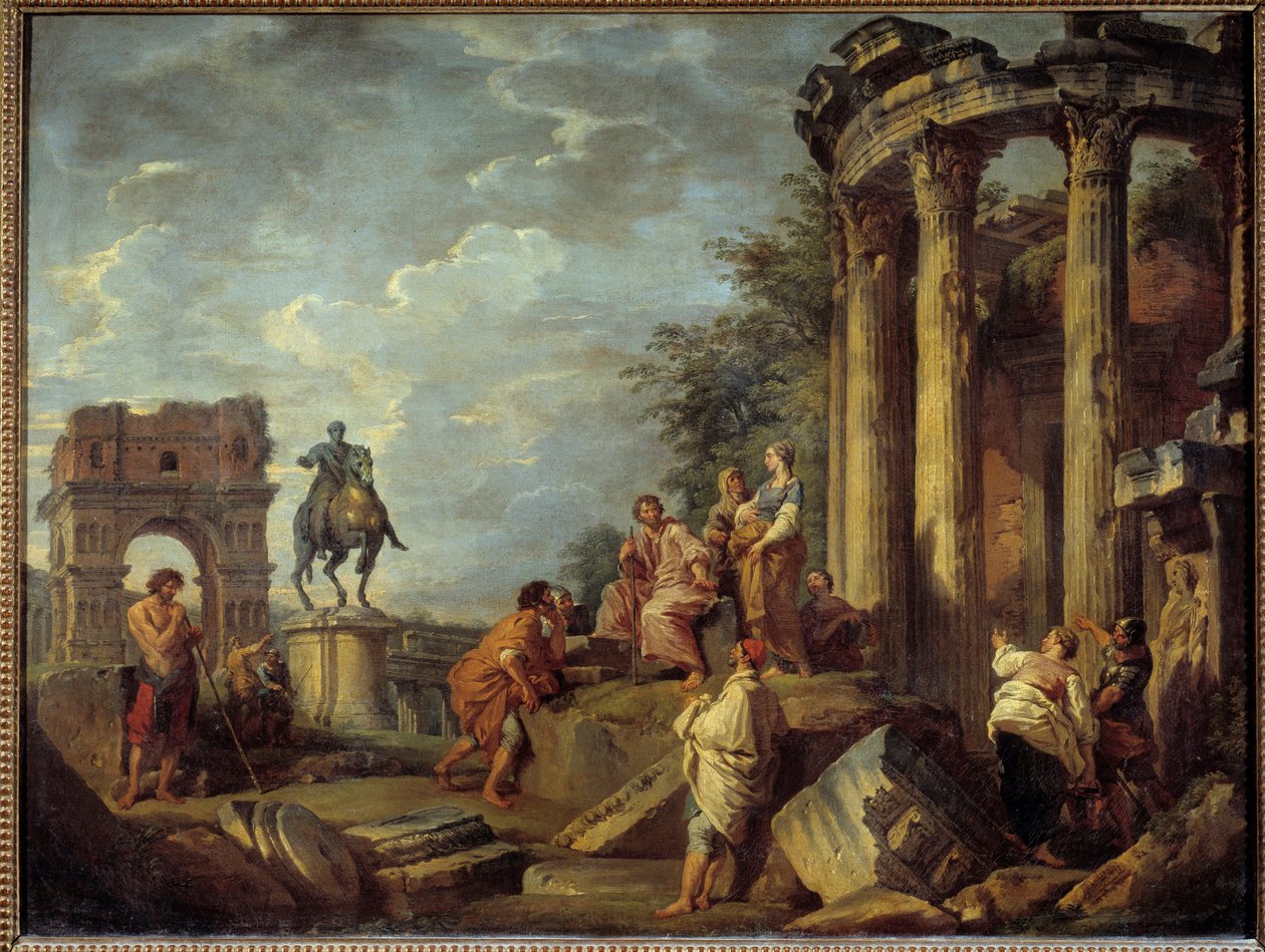 ヤヌスのアーチ、ヴェスタの神殿、マルク・アウレリオ（Marco Aurelio）の像がある建築遺跡 ジョヴァンニ・パオロ・パンニーニ（パニーニ）（1691-1765）の絵画 18世紀 日0,79x0,87 m 作： ジョバンニ・パオロ・パニーニ