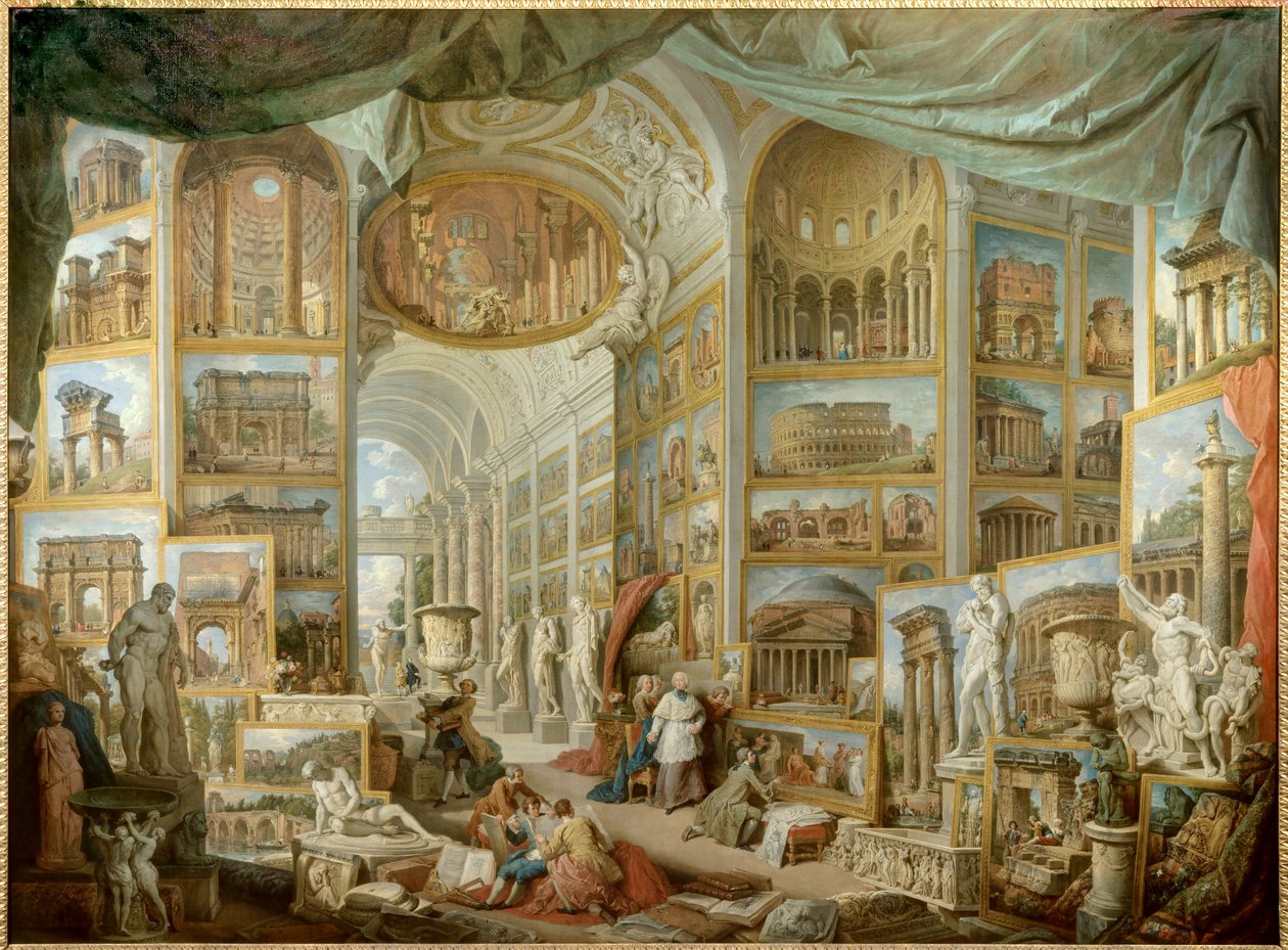 あるコレクターのギャラリー。古代ローマの眺めのギャラリー。ジョバンニ・パオロ・パンニーニ（パニーニ）（16911765）の絵画