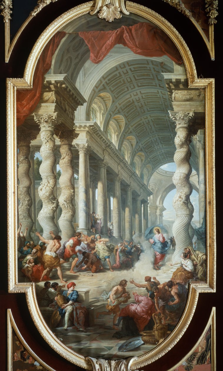 神殿で石を投げつけられたイエス」ジョヴァンニ・パオロ・パニーニ（1691-1765）作、絵画、スペイン、セゴビアのラ・グランハ宮殿。 作： ジョバンニ・パオロ・パニーニ