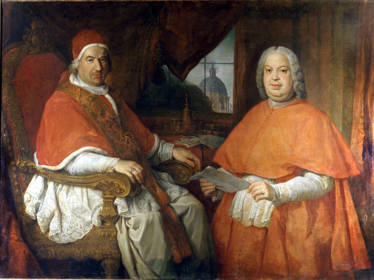 教皇ベネディクト14世（1675-1758）と枢機卿シルヴィオ・ヴァレンティ・ゴンザグの肖像画。ジョヴァンニ・パオロ・パンニーニ（パニーニ）による絵画。18世紀。ローマ国立博物館、ローマ 作： ジョバンニ・パオロ・パニーニ