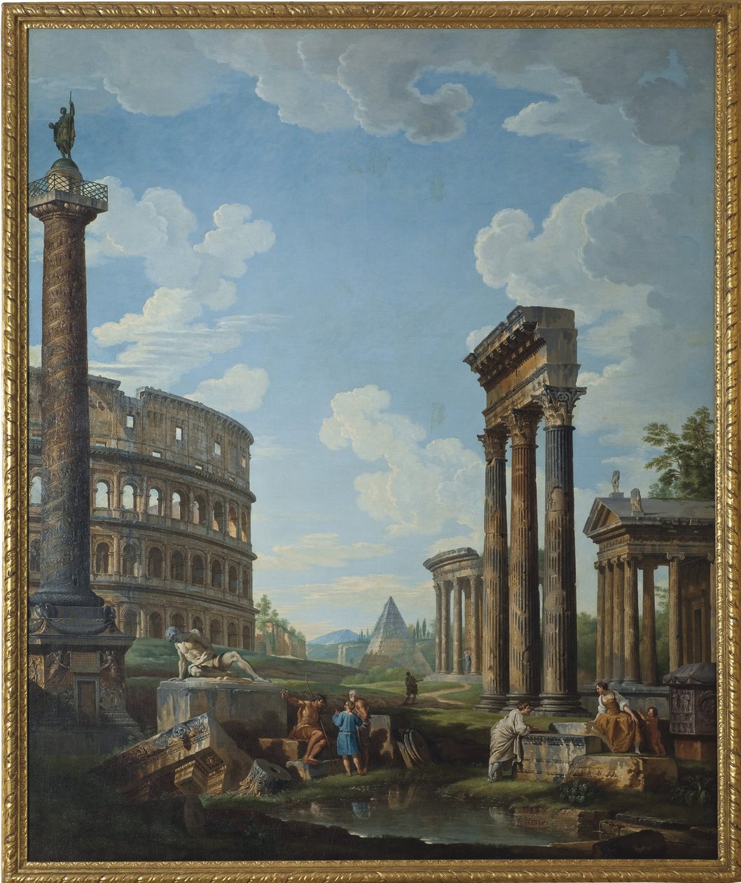 Ein Capriccio mit Figuren in römischen Ruinen, darunter der Konstantinsbogen und das Pantheon, das Kolosseum und die Trajanssäule von Giovanni Paolo Pannini