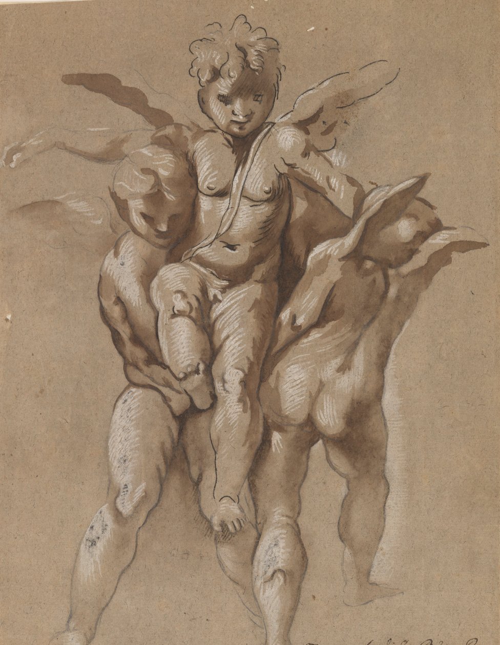 3 番目の Putti (reto) を運ぶ 2 つの Putti。 杖を持つ若者 (裏面) 作： ジョバンニピエトロポッセンティ