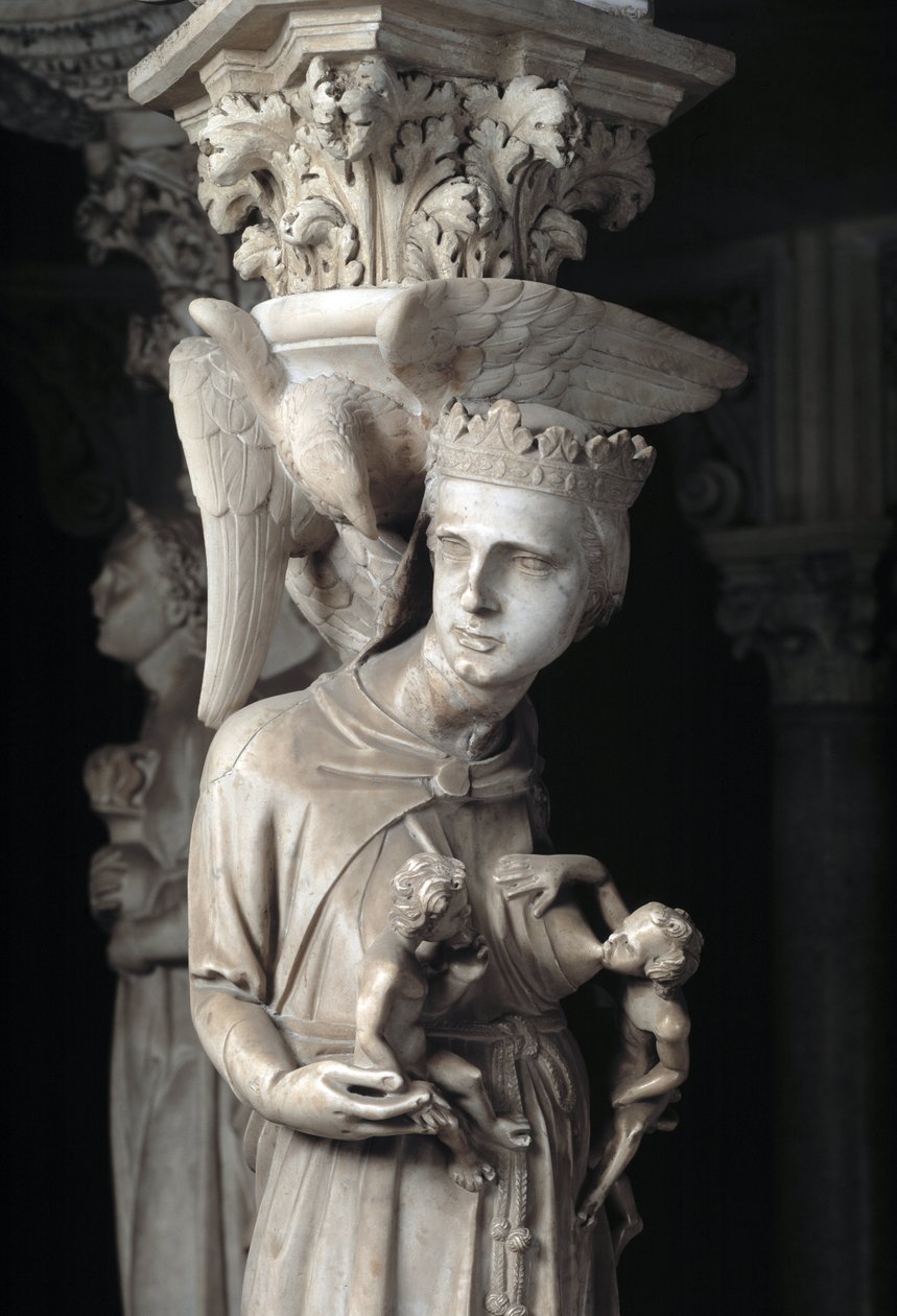 ジョヴァンニ・ピサーノ（1248-1314）が実現した椅子を支える彫刻群の詳細：子供を養う教会（大理石の説教壇を支える彫刻の詳細、子供を養う教会） 1302-1311 ピサの大聖堂（Duomo di Pis 作： ジョヴァンニ・ピサーノ