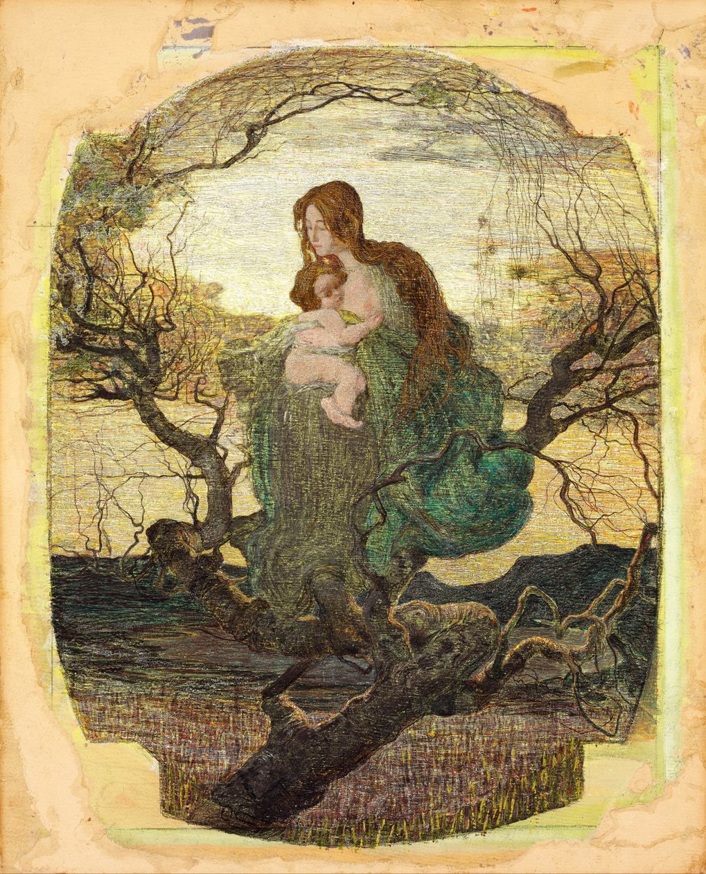 The Angel of Life - Peinture de Giovanni Segantini (1858-1899) - 1894-1895 - 紙に水彩、グワッシュ、金、白の色鉛筆 - 59,5x47,9 - Szepmuveszeti Muzeum, Budapest 作： ジョバンニ・セガンティーニ