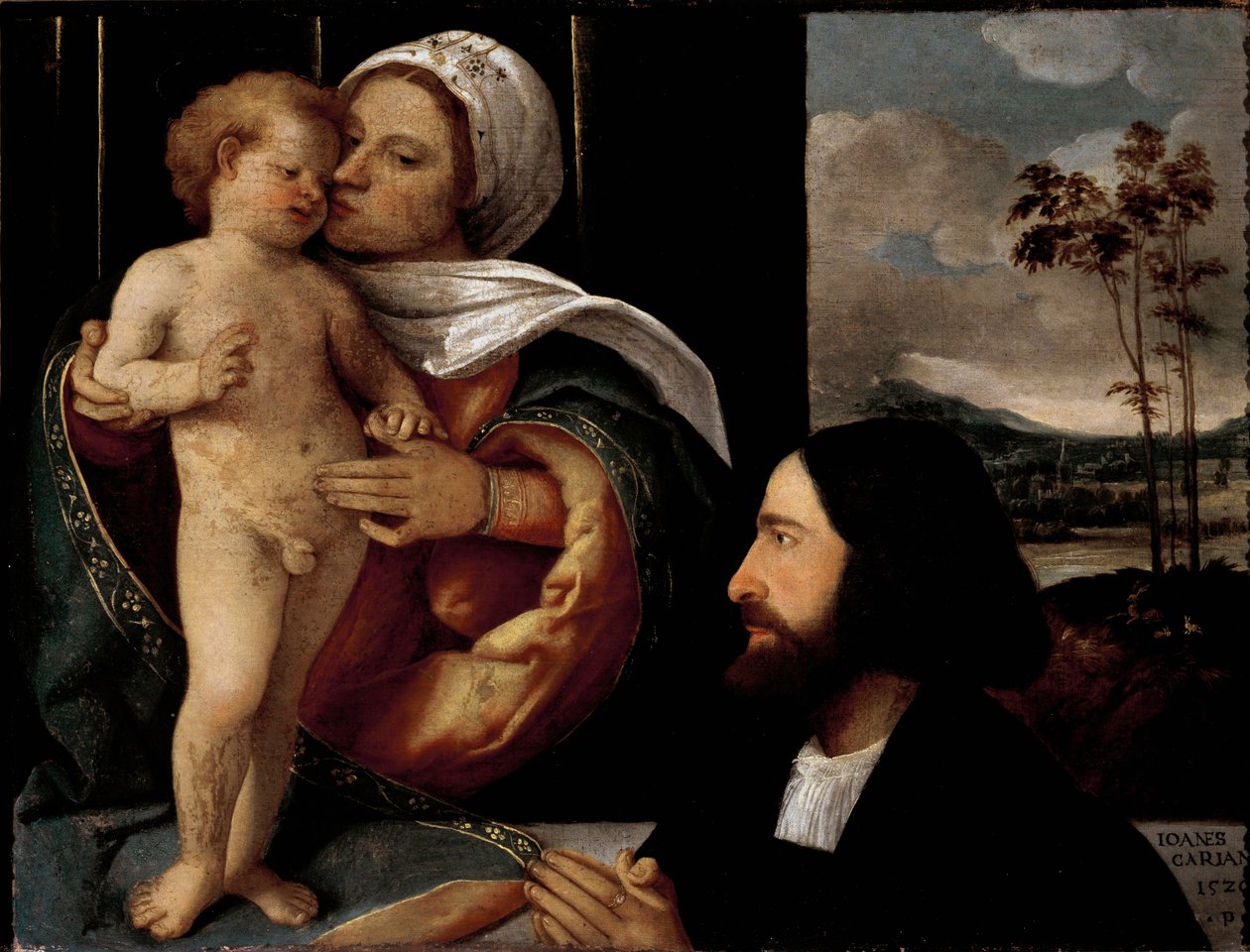 聖母子と信者の男」ジョヴァンニ・ブジ・ディット・キャリアーニ（1482-1547）の作品 作： ジョバンニ・デ・ブジ・カリアーニ