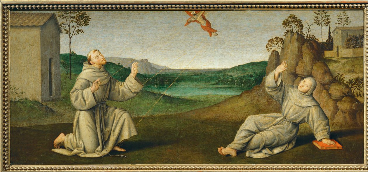 アッシジの聖フランチェスコ、聖痕を受ける... 作： ジョヴァンニ ディ ピエトロ (c.1450-1529) (スタジオ)