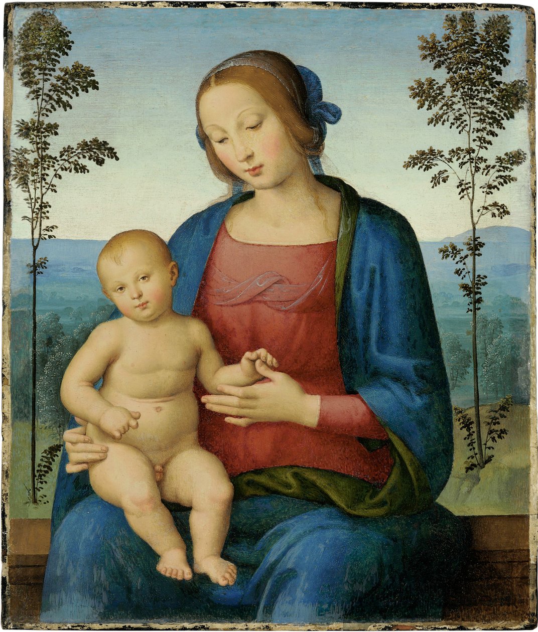 The Virgin and Child (Madonna and Child) - Lo Spagna (Giovanni di Pietro) による絵画 (1450-1528)、木に油彩 (36.8x31.4 cm)、イタリア ルネッサンス - 個人蔵 作： ジョヴァンニ・ディ・ピエトロ（c.1450 1529）
