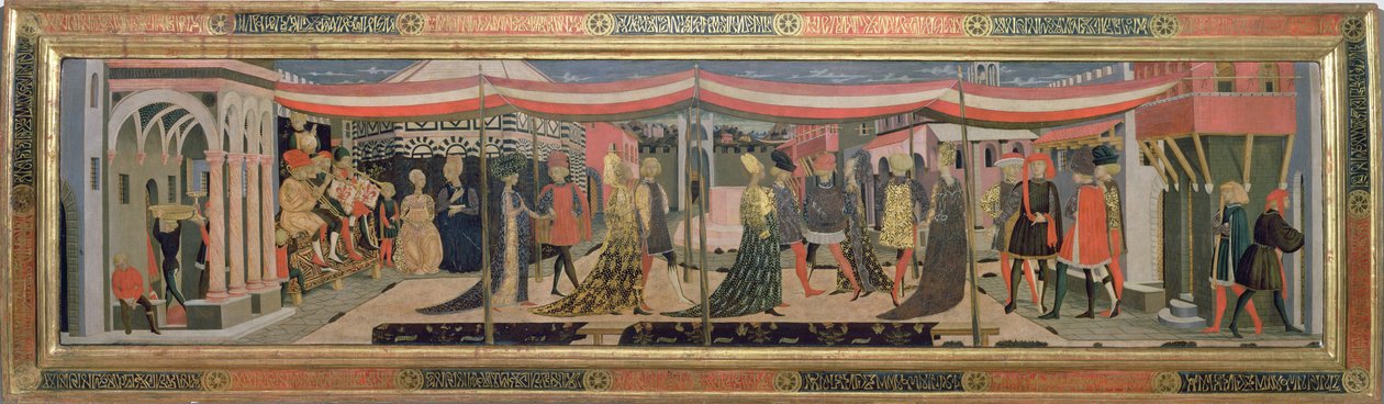 洗礼堂前の結婚式のシーンを描いたAdimari Cassoneの正面、c.1450（パネル上のテンペラ）（62295、123484-6も参照） 作： ジョヴァンニ・ディ・セル・ジョヴァンニ