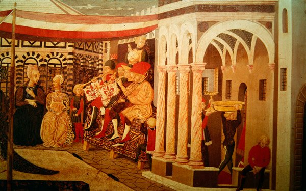 1450年頃、洗礼堂の前の結婚式のシーンを描いたAdimari Cassoneの正面 作： ジョヴァンニ・ディ・セル・ジョヴァンニ・スケッジャ