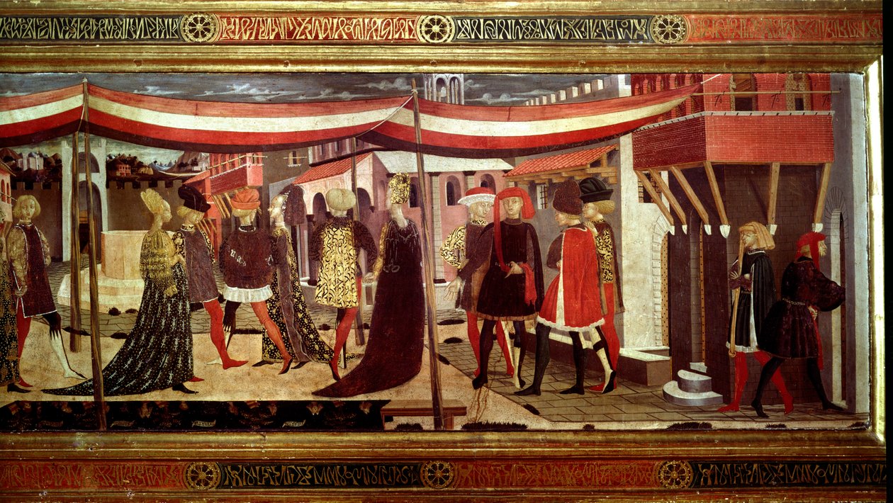 Renaissance-Hochzeitszeremonie Detail des linken Teils des Panels, das die Cassone Adimari dekoriert von Giovanni di Ser Giovanni Scheggia