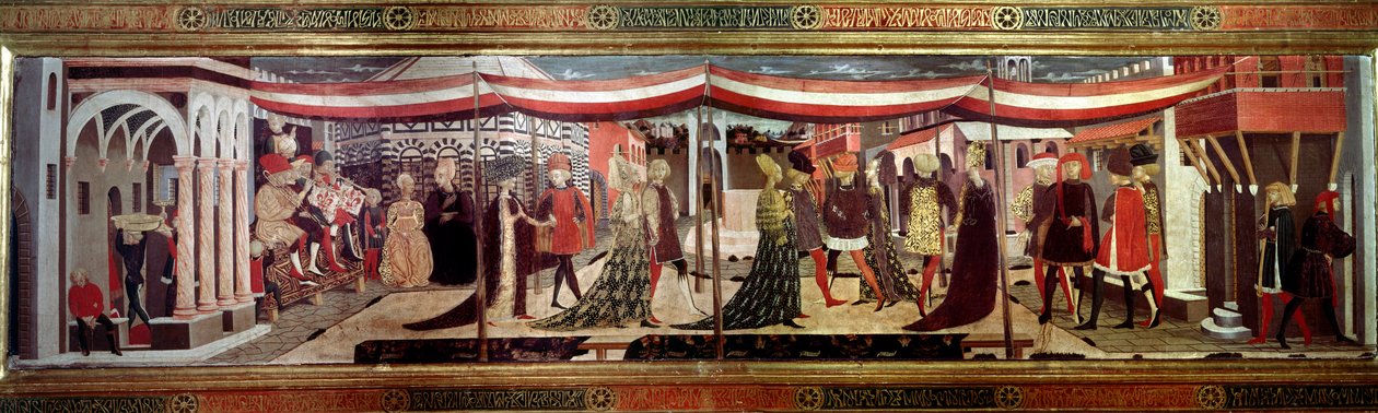 Hochzeitszeremonie in der Renaissance, Panel dekoriert die Cassone Adimari. Hochzeitsszene auf der Piazza del Duomo. Paare im Zug schreiten unter einem Baldachin voran. Gemälde von Giovanni di Ser Giovanni Scheggia (1406-1486) von Giovanni di Ser Giovanni Scheggia