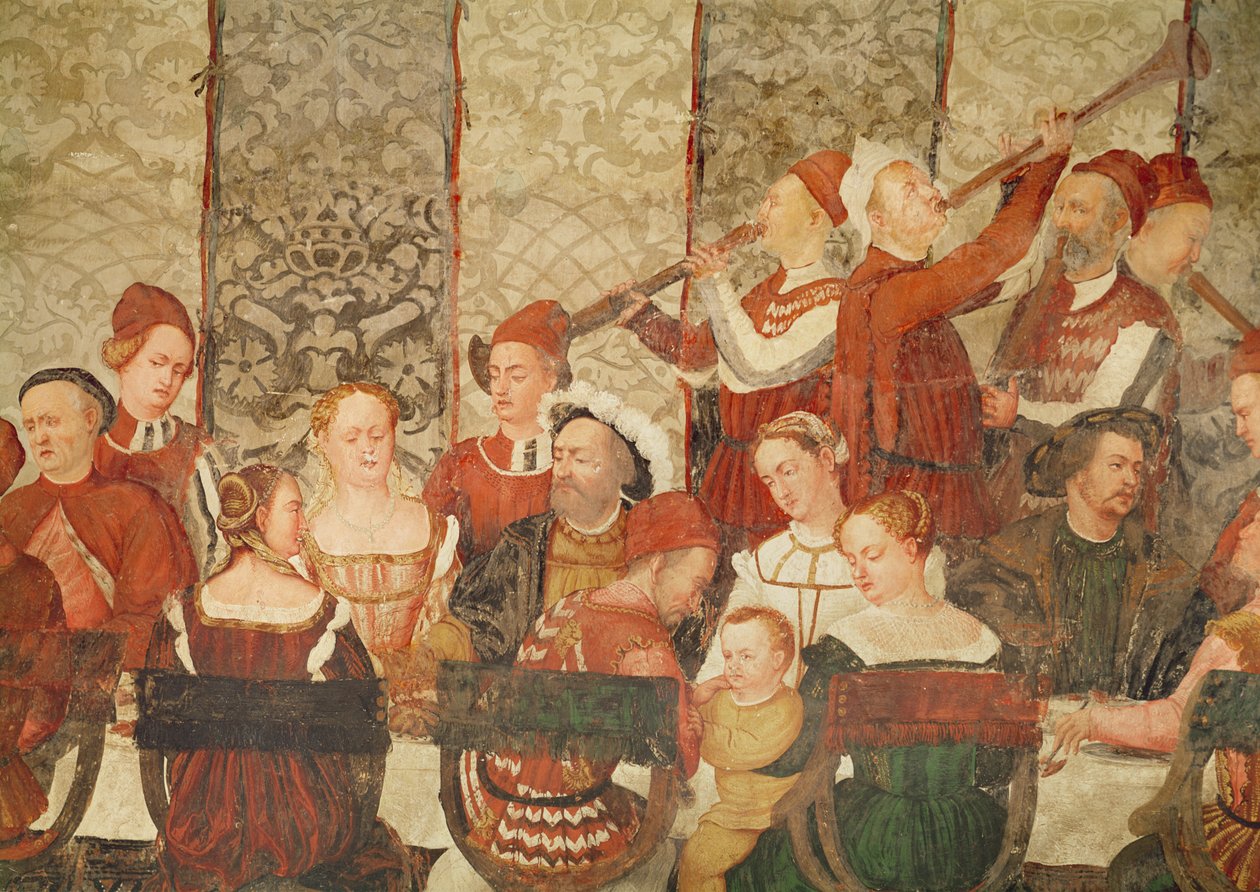 1474年、マルパガ城でデンマークのクリスチャン1世のためにバルトロメオコレオーニによって与えられた宴会のゲスト、1474年、1520〜30年（詳細） 作： ジロラモ・ロマニーノ