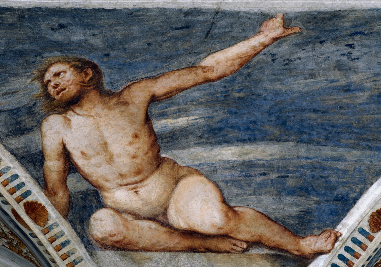男性の裸体 ジロラモ・ロマーノ（1484年頃～1559年以降）のフレスコ画の詳細、ベルナルド・クレシオの依頼によるもの 作： ジロラモ・ロマニーノ