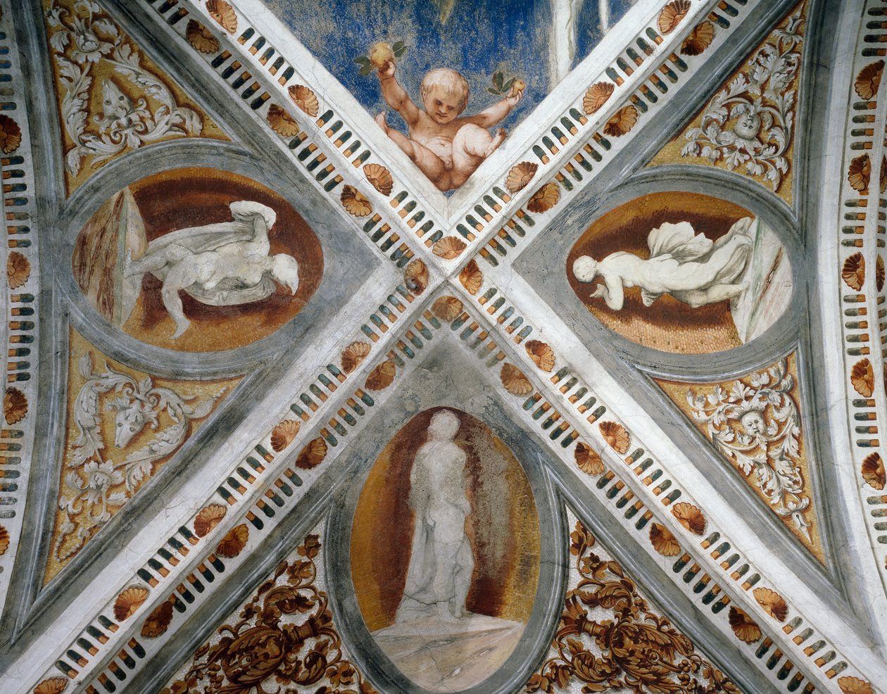 モザイクが施されたニッチと彫像、ベルナルド・クレシオの依頼によるジロラモ・ロマーノ（1484年頃～1559年以降）のフレスコ画の詳細 作： ジロラモ・ロマニーノ