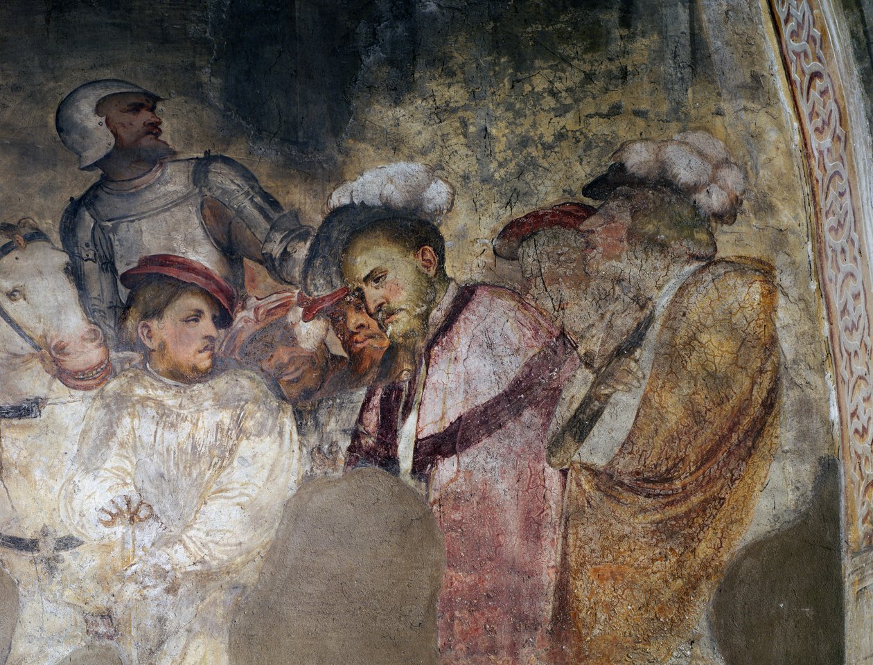 鎧を着た兵士と帽子をかぶった男たち、ジロラモ・ロマーノ（1484年頃～1562年以降）によるフレスコ画の細部、ブレノの聖アンソニー修道士教会の長身廊の左壁。イタリア 作： ジロラモ・ロマニーノ