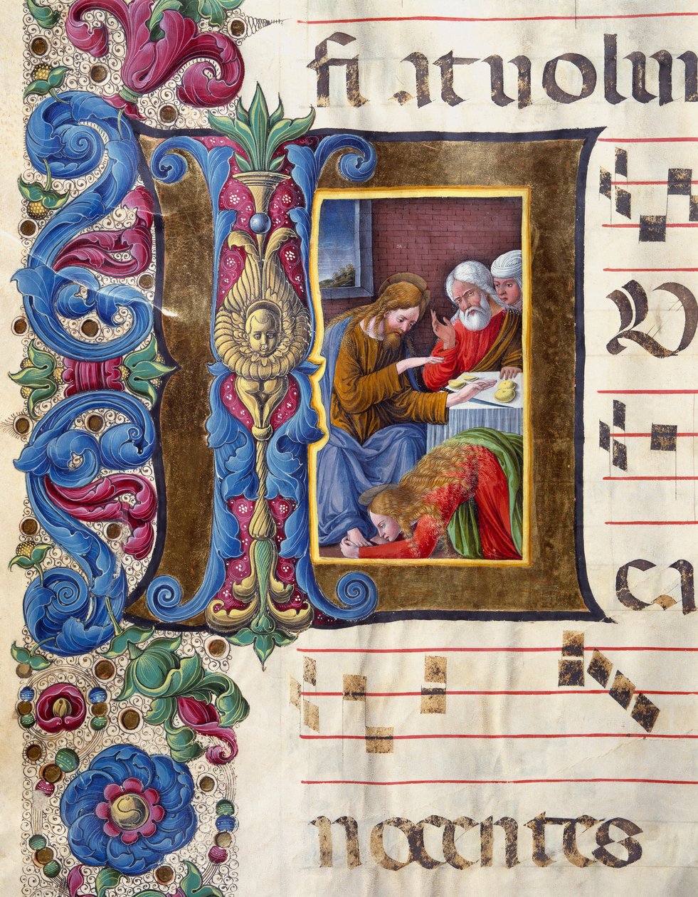 イエスの足元にいるマグダラのマリアを描いたデコレのレターヘッド ジロラモ・ダ・クレモナ（1451～1483年頃活躍）とリベラル・ダ・ヴェローナ（1445～1529年）によるミニチュアで、シエナのカテドラーレの聖歌隊（Cod.22/7.c.15v）からのもの。15世紀 シエナのカテドラーレ（ドゥオモ 作： ジロラモ・ダ・クレモナ