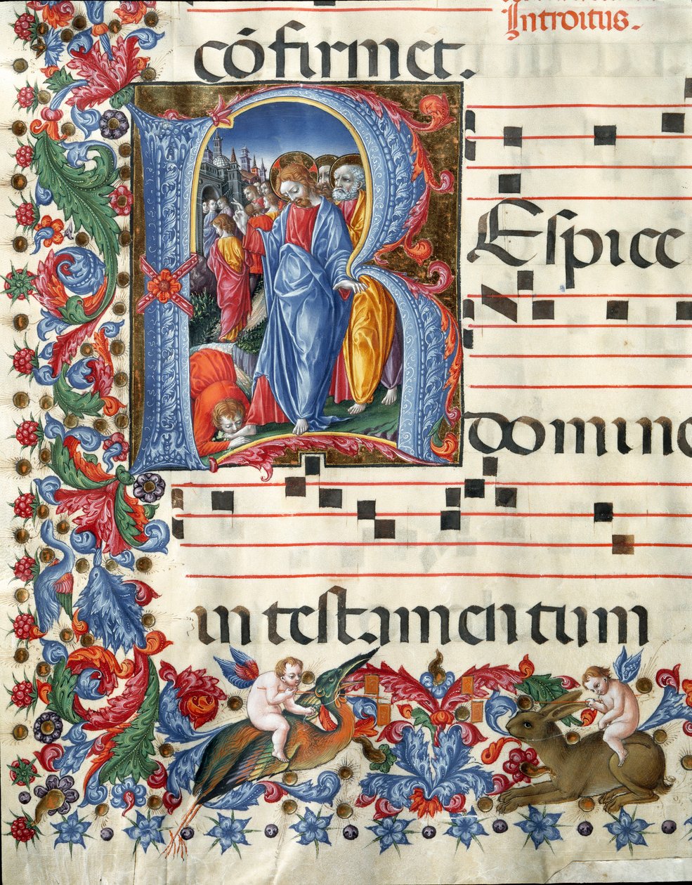 キリストと病人を描いたデコール・レットライン ジロラモ・ダ・クレモナ（1451～1483年頃活躍）とリベラル・ダ・ヴェローナ（1445～1529年）による、シエナ大聖堂の聖歌隊席（Cod.19/4.c.26）のミニチュア。15世紀 イタリア・シエナのカテドラーレ（ドゥオモ 作： ジロラモ・ダ・クレモナ