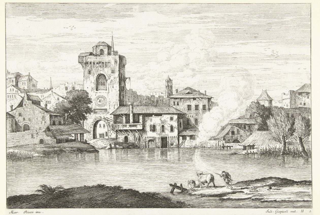 水上の塔のある街の眺め イタリアの風景（連載タイトル） 作： ジュリアーノジャンピッコリ
