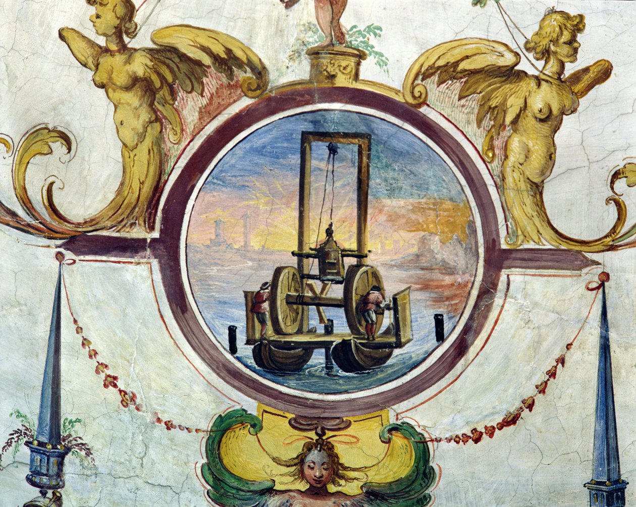 杭を海底に突き刺す装置を備えた大きなポンツーン、Stanza della Mattematica、1587-1609 作： ジュリオ・パリギ