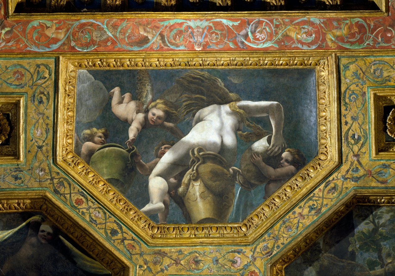 サラ・ディ・アモーレ・エ・プシケのプッティ天井ケーソン、1528年（漆喰に油を塗ったもの）の助けを借りて、壺から水を注ぐニンフ 作： ジュリオ・ロマーノ