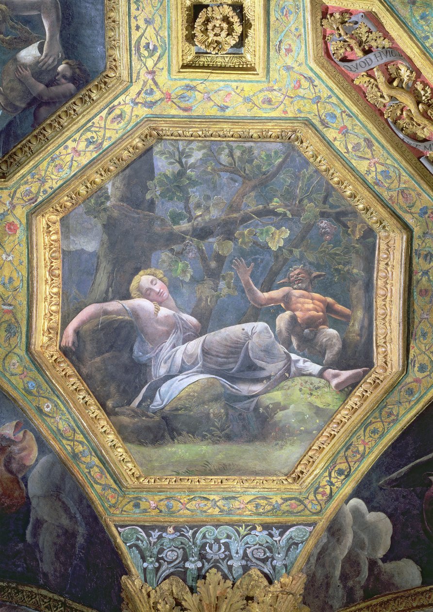 キューピッドの谷で眠るプシュケ、サラ・ディ・アモーレ・エ・プシェから天井のケーソン、1528年（漆喰に油彩） 作： ジュリオ・ロマーノ