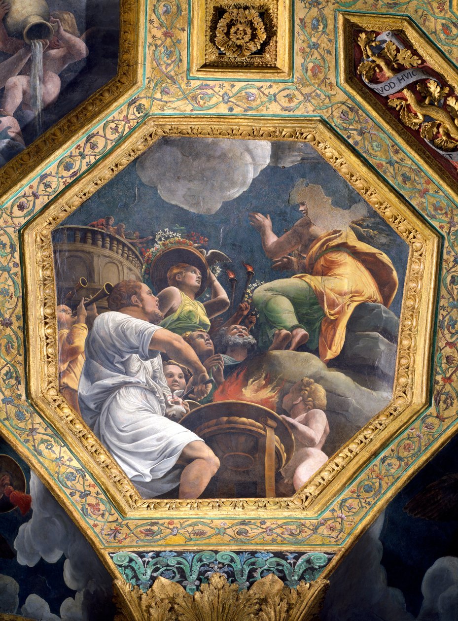 鳩の犠牲のシーン、Sala di Amore e Psiche、1528年の天井のケーソン（漆喰に油彩） 作： ジュリオ・ロマーノ