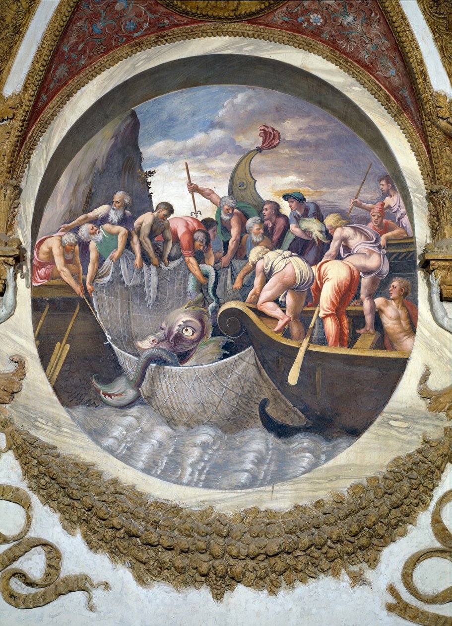 ベルアの星座と一緒にうお座のしるしの下で生まれた人々が、カメラデイヴェンティ、1528年から、海の怪物の捕獲を象徴する釣りに熟達していることを示すシーン 作： ジュリオ・ロマーノ