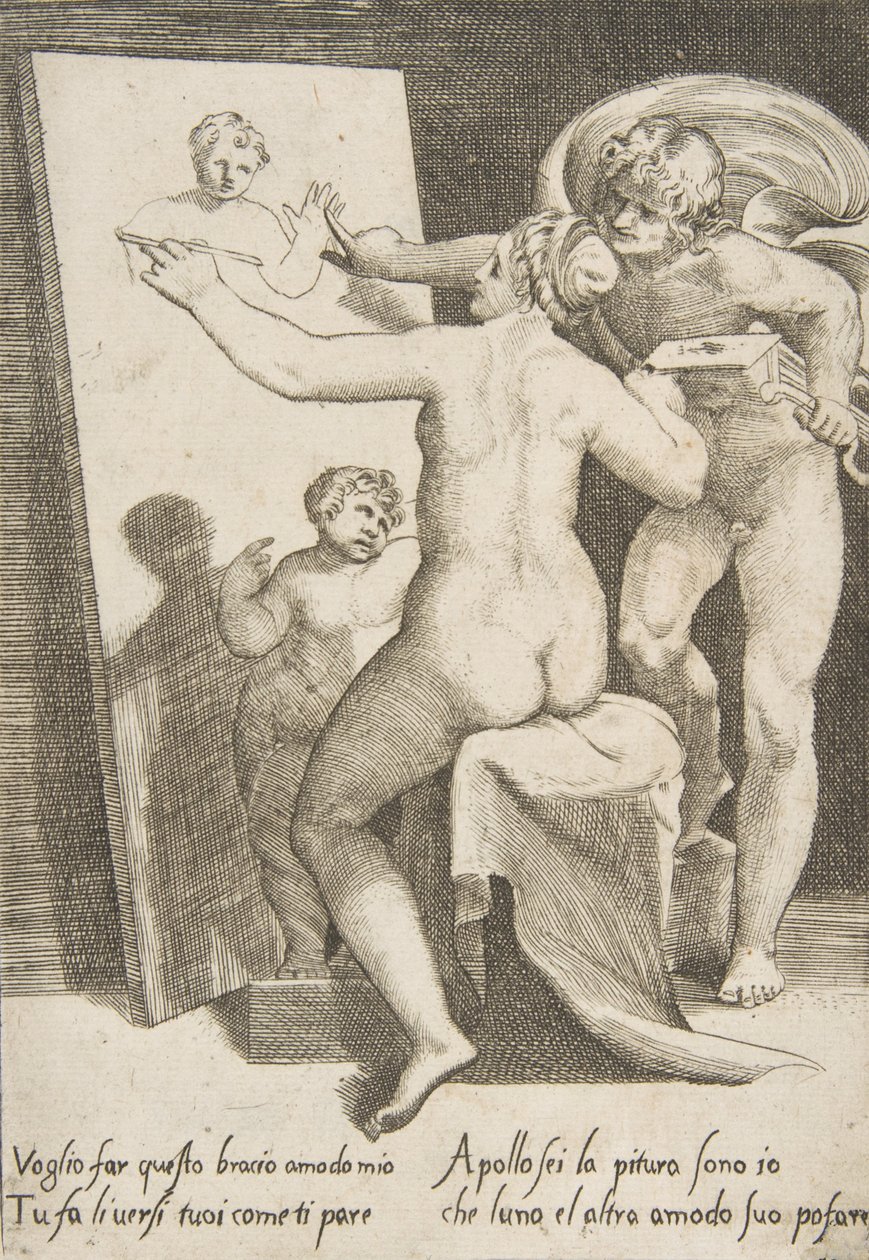 絵画のアレゴリーを表す女性のそばに立つアポロン、「The Loves ...」、1531-60 より。 作： ジュリオ・ボナソーネ