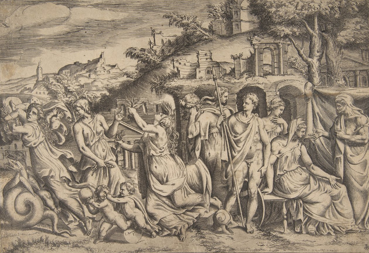 ジェイソンとメデアの物語、左は息子を連れ去り、真ん中は…、1531-76年。 作： ジュリオ・ボナソーネ