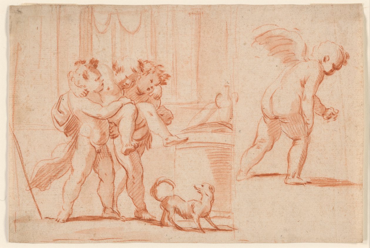 3 番目の Putto を運ぶ 2 つの Putti。 後方からのもう一つのプット 作： ジュリオ・カルピオーニ