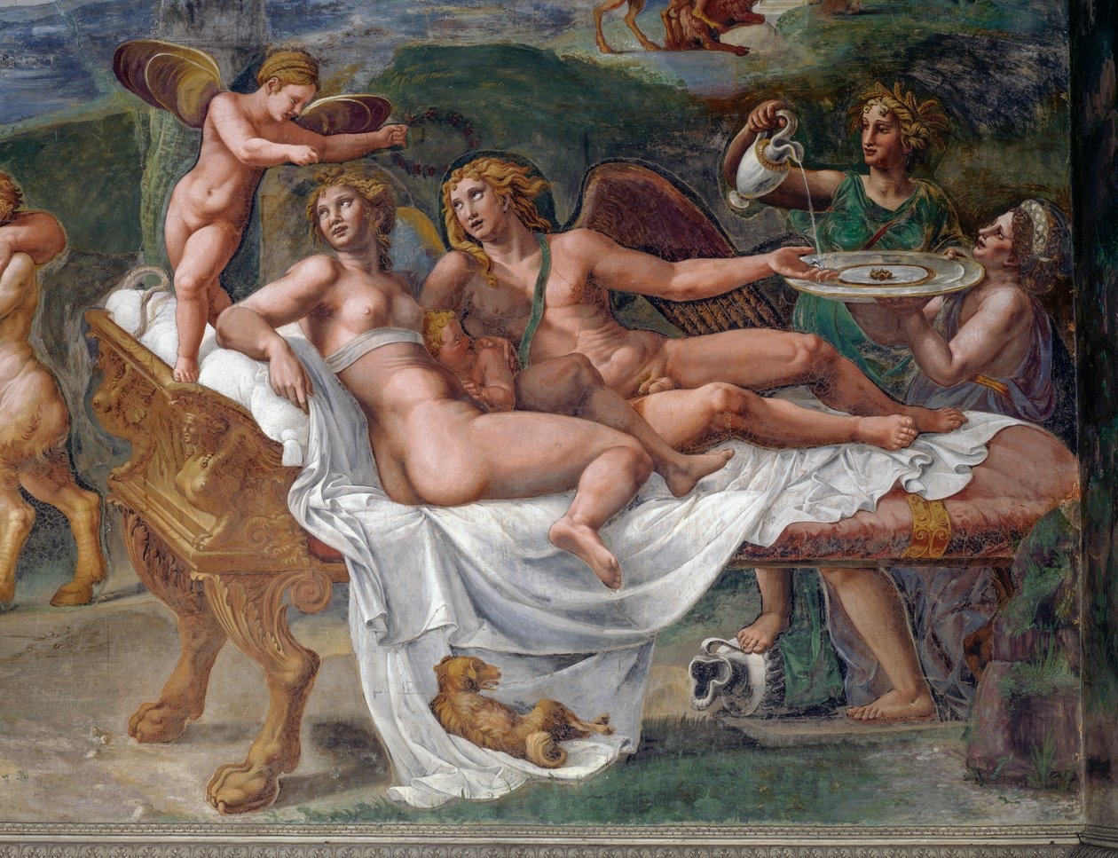 キューピッドとプシュケ、ベッドに横たわる娘ヴォルプタ（快楽）、ジュリオ・ロマーノ（1499-1546）によるフレスコ画「婚礼の宴」または「神々の宴」の細部、イタリア・ロンバルディア州マントゥアのパラッツォ・テ（2008年ユネスコ世界遺産登録）。 作： ジュリオ・ロマーノ