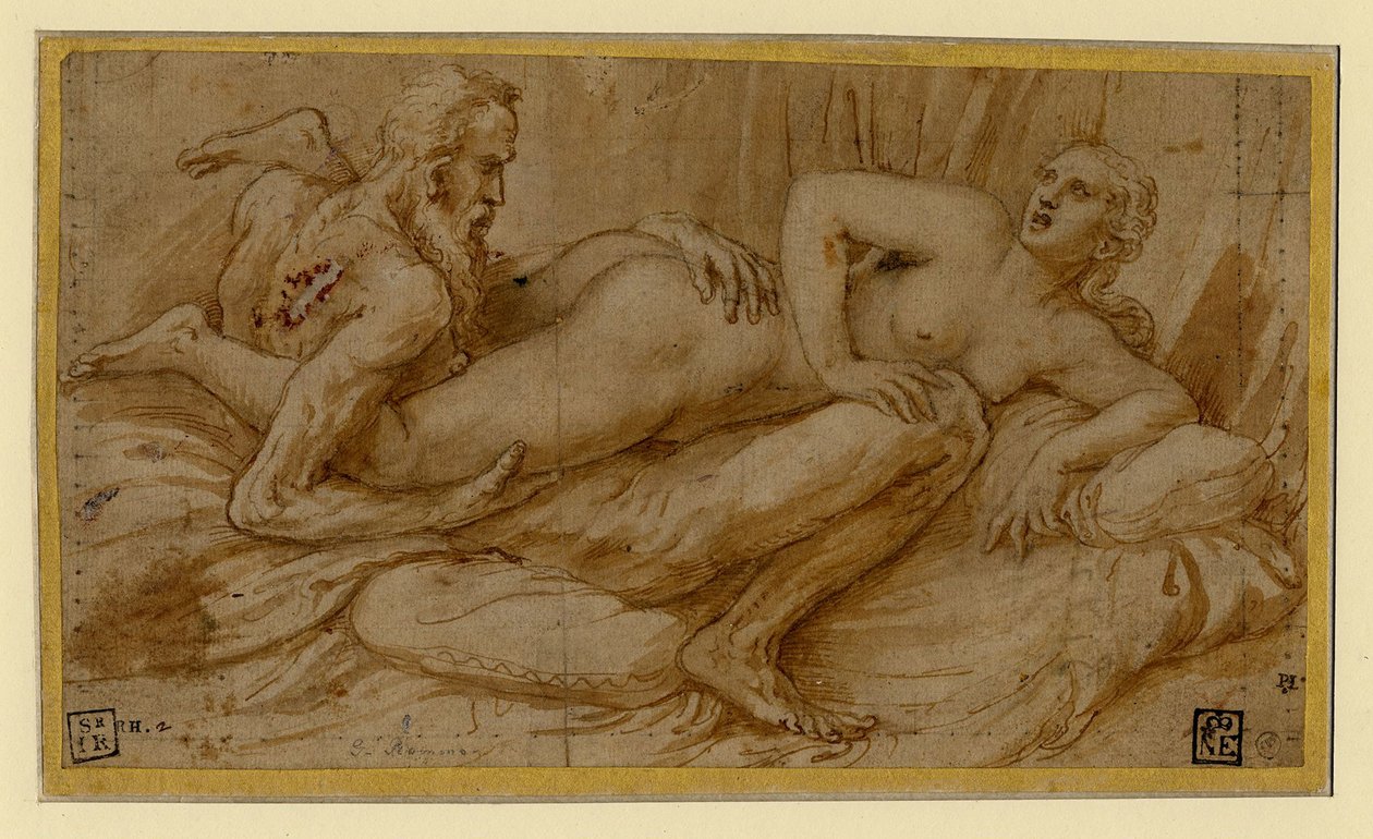 エロティック・シーン par Romano, Giulio (1499-1546), 1524年以降 - 紙にペン、筆、茶色の墨、白の色、黒のチョーク。 作： ジュリオ・ロマーノ