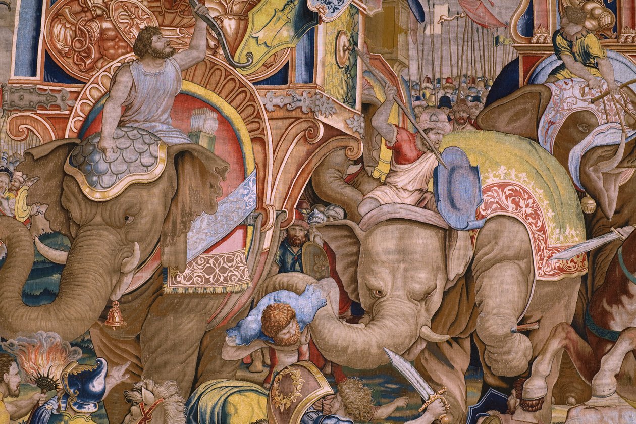 フランダースのタペストリー。 シリーズ The Acts of Scipio: The Battle at Zama. 漫画家のジュリオ・ロマーノ。 Balthasar van Vlierden (?) のアトリエ、ブリュッセル。 1523-1532。 詳細。 作： ジュリオ・ロマーノ