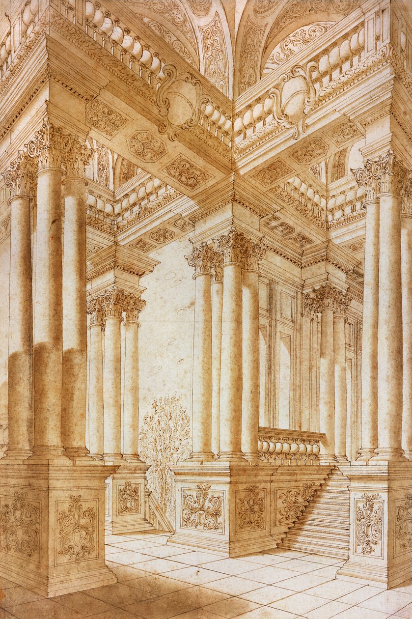 建築学（紙に茶色のウォッシュを施したペンと茶色のインク） 作： ジュゼッペ・ビビエナ