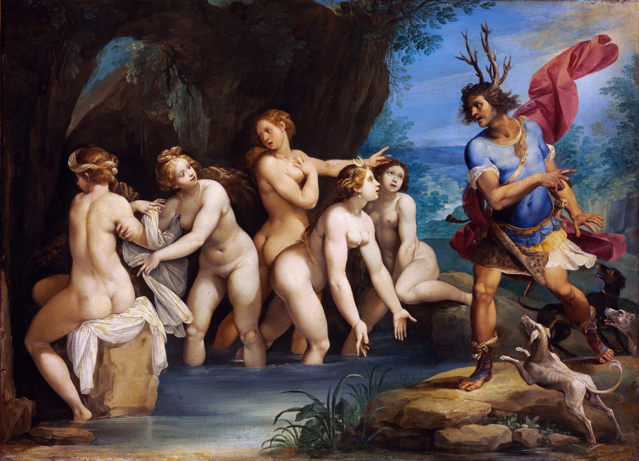 Diana and Actaeon - Giuseppe Cesari (1568-1640) による絵画、銅に油彩、1604 年頃、50x69 cm - Diana and Actaeon、Giuseppe Cesari による銅に油彩 - Szepmuveszeti Muzeum、ブダペスト 作： ジュゼッペ・セザーリ
