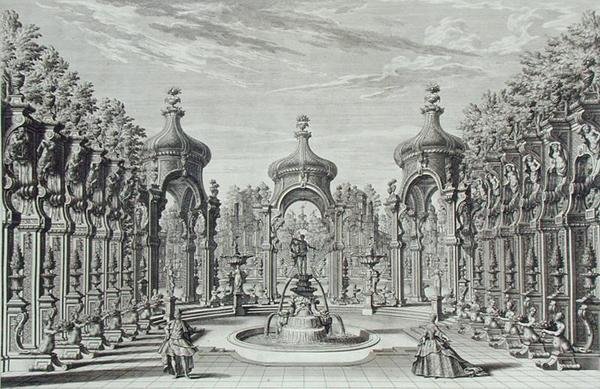 ヨハン・アンドレアス・プフェッフェル（1674-1748）が1740年に出版した『建築家のための演劇入門』より、庭園での娯楽のためのデザイン（エングレーヴィング 作： ジュゼッペ・ビビエナ